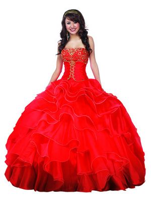 Red and gold quinceanera dresses