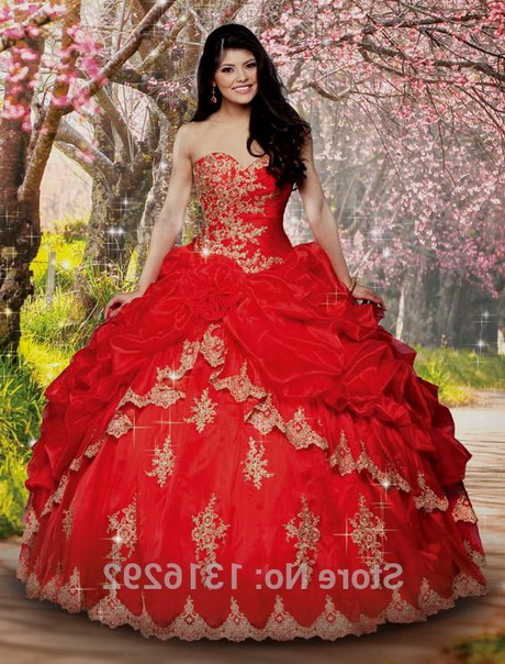 Red and gold quinceanera dresses