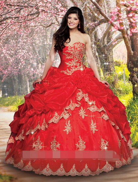 Red and gold quinceanera dresses
