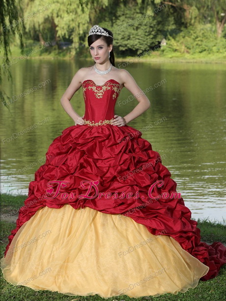 Red and gold quinceanera dresses