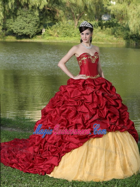 Red and gold quinceanera dresses